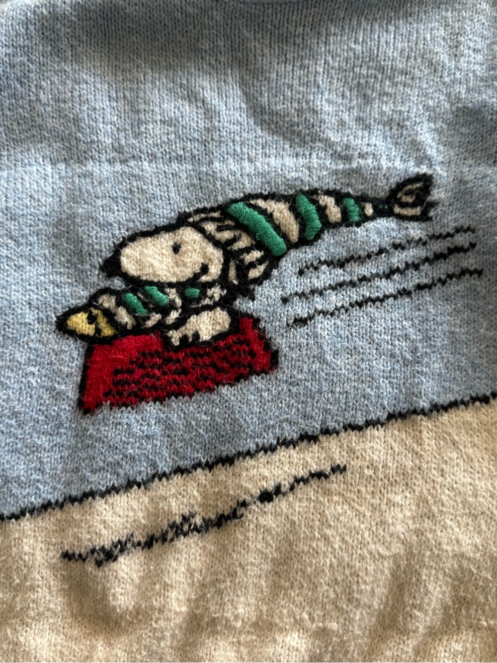 American Eagle Light Blue and Cream Snoopy Graphic Mock-Neck Sweater